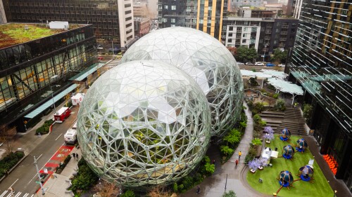 Aerial image of The Spheres Amazon office building