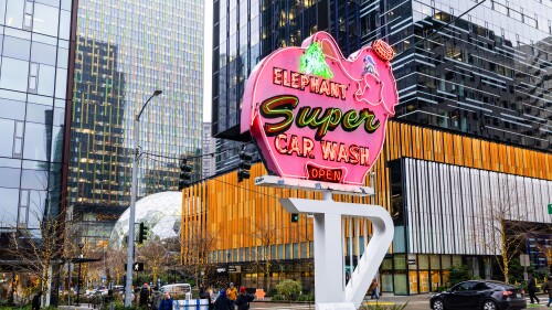 Historic Pink Elephant sign outside Nitro Plaza