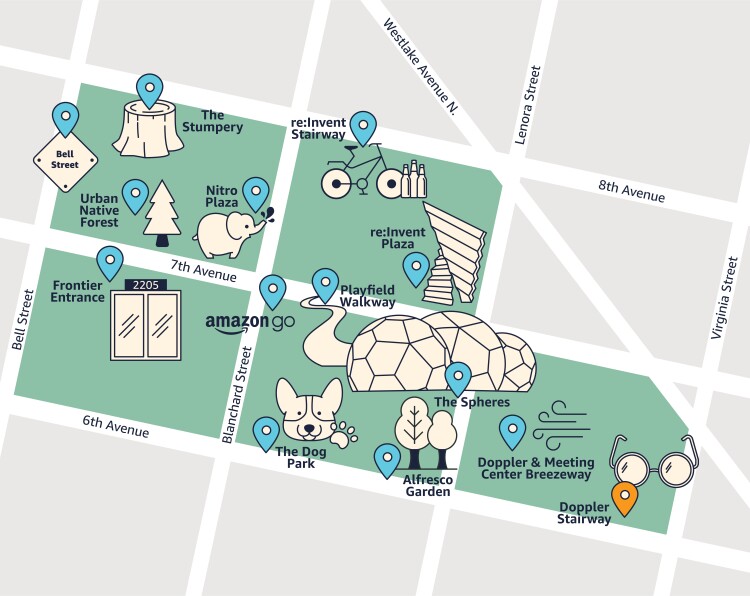 Map showing all tour stops with Doppler Stairway highlighted