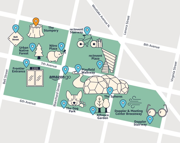 Map showing all tour stops with The Stumpery highlighted