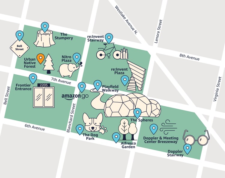 Map showing all tour stops with Urban Native Forest highlighted