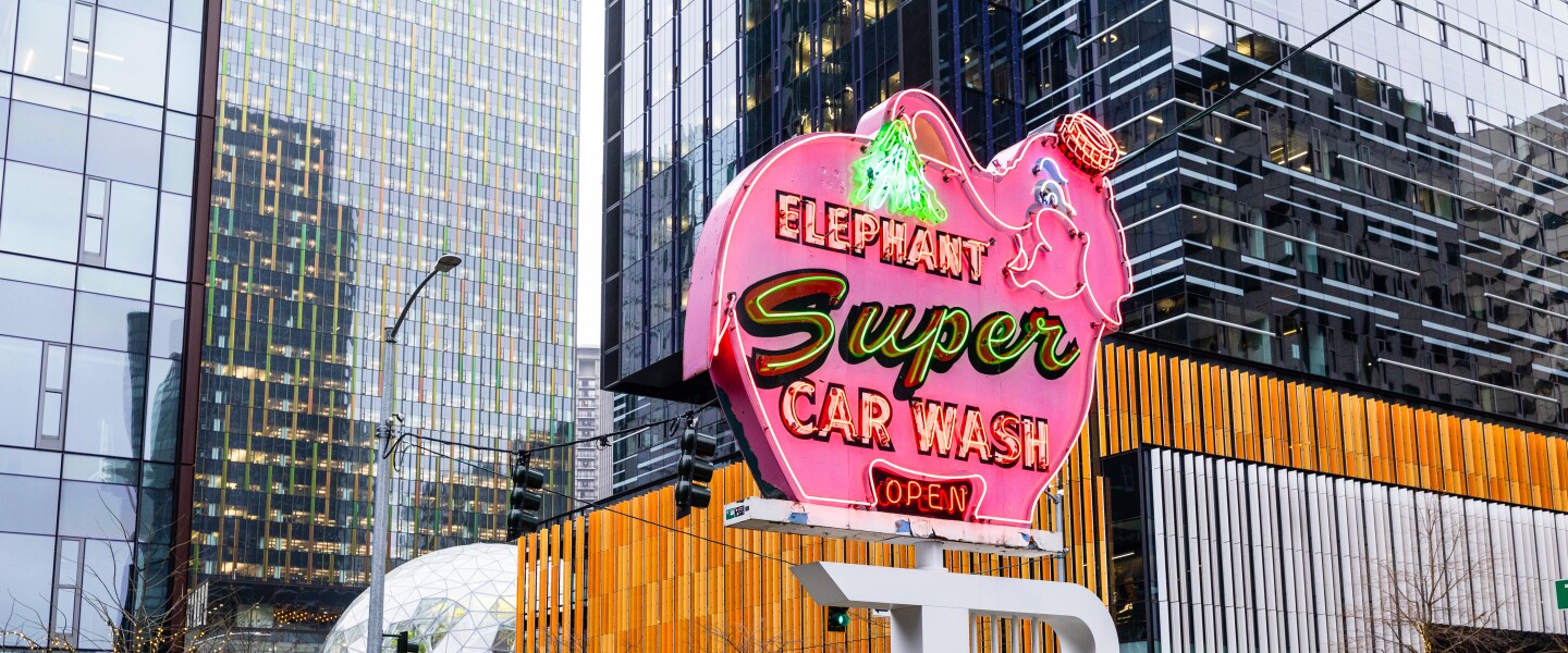 Historic Pink Elephant sign outside Nitro Plaza